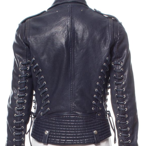Barbara Bui Blue Lace Up Leather Motorcycle Jacket